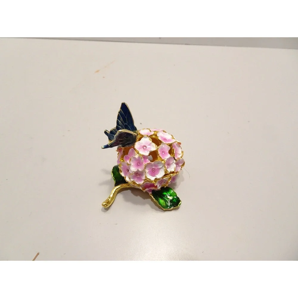 Enameled Hydrangea Flower Trinket Box Blue Butterfly Pink Floral Jewelry Case